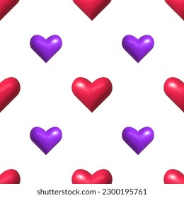 Seamless pattern with hearts 3d. Shining realistic symbol of love, romantic sign. Red and violet objects isolated on white. Vector illustration for wrapping, packaging