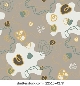 Seamless pattern with hearts and abstract gray shapes. Doodle style vector texture for Valentine's Day wrapping paper