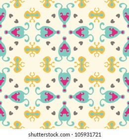 Seamless pattern with hearts and abstract shapes in yellow, pink, blue, orange