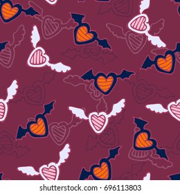 Seamless pattern of hearts with angel and devil wings. The sketch marker. Vector
