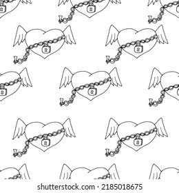 Seamless pattern of hearts with angel wings chained with a lock on a white background. Concept for Valentine's Day. Creative designer background with hearts.