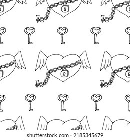 Seamless pattern of hearts with angel wings, key,  chained with a lock on a white background. Concept for Valentine's Day. Creative designer background with hearts.