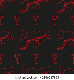 Seamless pattern of hearts with angel wings, key, chained with a lock on a black background. Concept for Valentine's Day. Creative designer background with hearts.