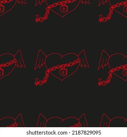 Seamless pattern of hearts with angel wings chained with a lock on a black background. Concept for Valentine's Day. Creative designer background with hearts.