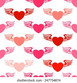 Seamless pattern with hearts with angel wings