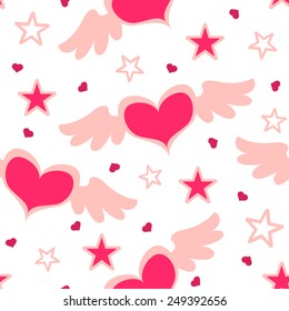 Seamless pattern hearts with angel wings and stars