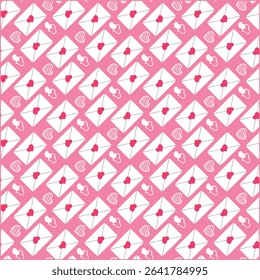 Seamless pattern with hearts and arrow on pink background. Vector illustration.