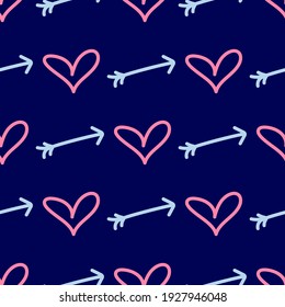 Seamless pattern with hearts and arrows drawn by hand. Doodle, sketch. Endless romantic print. Simple vector illustration.