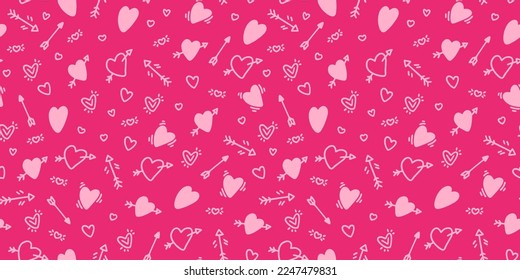 Seamless pattern with hearts and arrows on a pink background in doodle style.