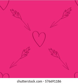 seamless pattern Hearts and Arrows sketch on a pink background, vector illustration