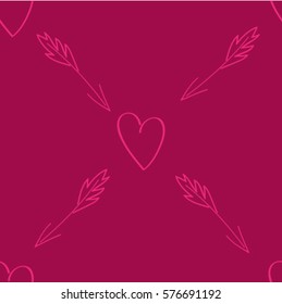 seamless pattern Hearts and Arrows sketch on a burgundy background, vector illustration