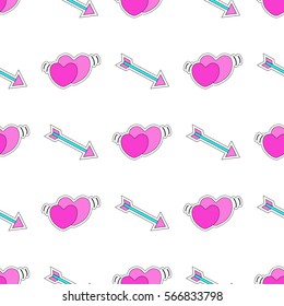 Seamless pattern with hearts and arrows. Style of 80s-90s.