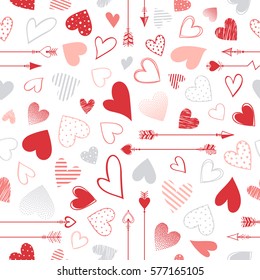 Seamless pattern with hearts and arrows.Romantic illustration perfect for design greeting cards, prints, flyers,cards,holiday invitations and more.Vector Valentines Day card.