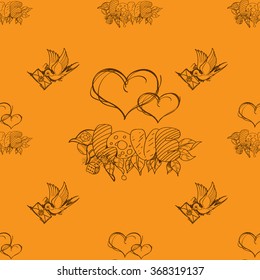 Seamless pattern with hearts and a beautiful romantic inscription