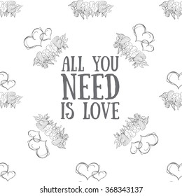 Seamless pattern with hearts and a beautiful romantic inscription