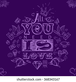 Seamless pattern with hearts and a beautiful romantic inscription