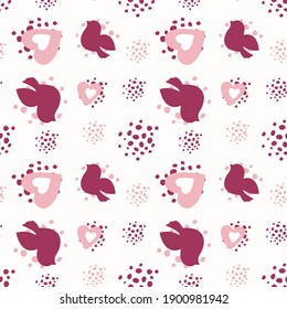 Seamless pattern with hearts, birds and abstract shapes, endless texture on a white background in a romantic style. Background for Valentine's Day. Vector illustration