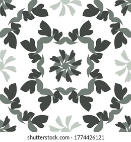 Seamless pattern with hearts and birds. Colors white and green. Vector.	