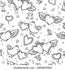 Seamless pattern with hearts and birds. Doodle art for simple design. Seamless pattern with hearts and birds