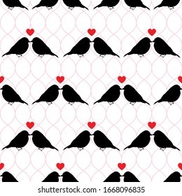 Seamless pattern hearts and birds kissing on textured background