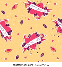 Seamless pattern with hearts, birds, leaves and dots. Vector illustration for Valentine's Day.