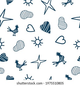 Seamless pattern of hearts, birds, spots and stars. Blue lines. Vector illustration isolated on white background.