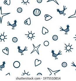 Seamless pattern of hearts, birds, spots and stars. Blue lines. Vector illustration isolated on white background.
