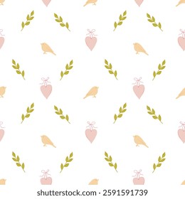 Seamless pattern with hearts, birds and twigs. Hand drawn seamless pattern for children design, decoration, cards