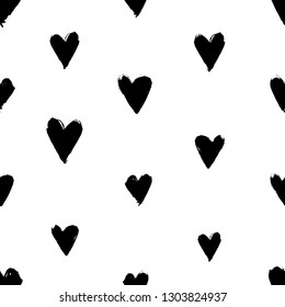 Seamless pattern with hearts. Black and white ornament. Hand-drawn background for Valentine Day cards, wrapping paper, textile.