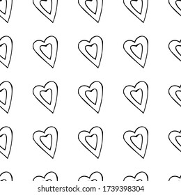 Seamless pattern with hearts. Black and white outline image. Vector illustration. Print for fabric, wrapping paper, and notebook covers.