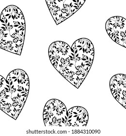 Seamless pattern hearts black and white with flowers vector illustration