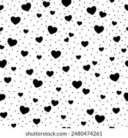 Seamless pattern with hearts. Black and white background. Valentine's day. Vector texture. 