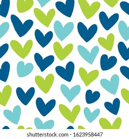 Seamless pattern with hearts in blue and green colors.