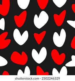 Seamless pattern with hearts in boho style. Simple hand drawn red and white hearts on black background for textile. Vector illustration.
