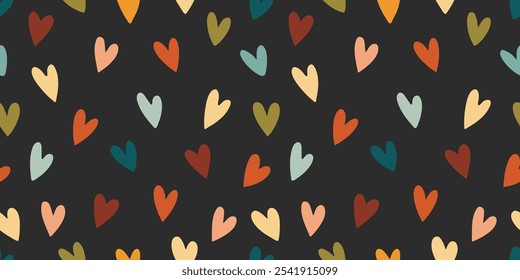 Seamless pattern of hearts in boho style. Simple hand drawn pastel color heart repeating on dark background for textile. Vector illustration