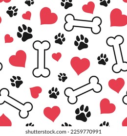 Seamless pattern with hearts, bones and dog footprints for Valentine's Day, dog lovers, birthday. Vector illustration in flat style for your design