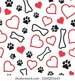 Seamless pattern with hearts, bones and dog footprints for Valentine's Day, dog lovers, birthday. Vector illustration in contour for your design