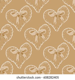 Seamless pattern with hearts and bow ribbons in light brown color. Love symbol. Ideal for wrapping paper on Valentines Day. Vector illustration