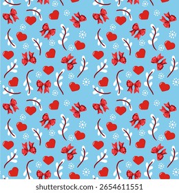 Patrón sin fisuras con corazones, arcos y flores. Perfecto para el día de San Valentín, diseños románticos o proyectos de temática femenina.