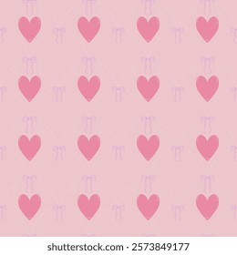 Seamless pattern with hearts and bows, hand drawing for Valentine’s Day, card, banner, wallpaper, wrapping, print. Vector illustration.