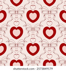 Seamless pattern with hearts and bows, hand drawing for Valentine’s Day, card, banner, wallpaper, wrapping, print. Vector illustration.