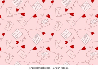 Patrón sin fisuras de corazones, lazos y letras. Un fondo repetitivo para el Día de San Valentín. Símbolos de amor, lazos y cintas crean un telón de fondo interminable. Un tema romántico y femenino para una cita. 
