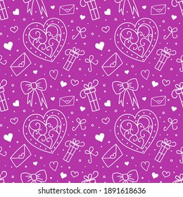 Patrón sin soldadura con corazones, arcos y regalos