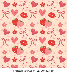 Patrón sin fisuras con corazones, lazos, fresas y labios sobre un fondo claro. Diseño para tela, textiles, tarjetas de San Valentín y papel de regalo. Vector.
