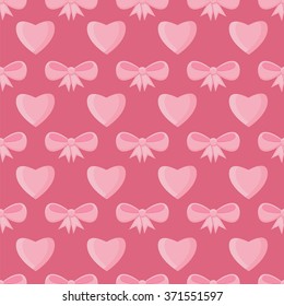 Seamless pattern with hearts and bows for Valentine's Day .Simple print of pink hearts and ribbons