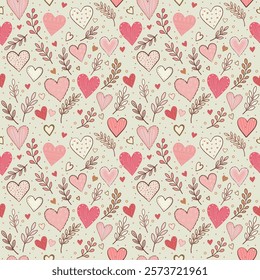 Seamless pattern of hearts and branches.Valentine's Day.Vector illustration in hand-drawing style in red,pink tones on gray background.For wrapping, holiday design, textile. 