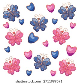Patrón sin fisuras con corazones y mariposas en colores azul y rosa