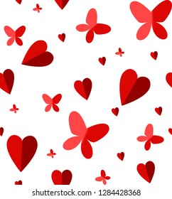 Seamless pattern of hearts and butterflies of different sizes on white solid background.