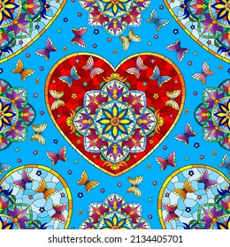 Seamless pattern with hearts, butterflies and flowers on a blue background