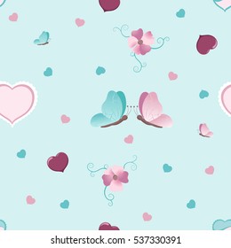 Seamless pattern with hearts, butterflies and flowers.